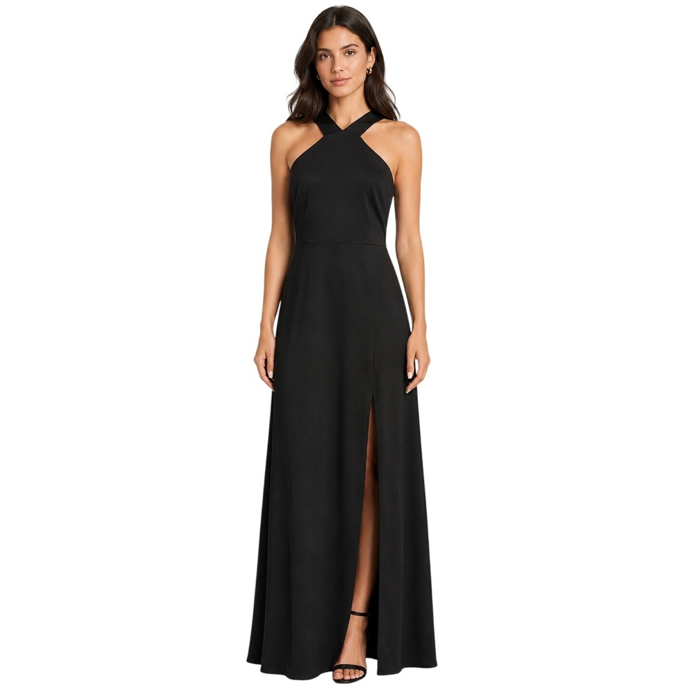 Birdy Grey Gene Crepe Black Halter Bridesmaid Maxi Dress Side Slit XL
